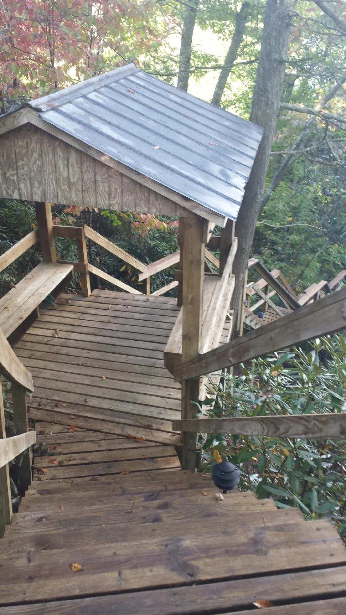 Metal roofed shelter over wooden steps on a wooded walkway — Skylight Repair & Installation work by our crew in Ruby